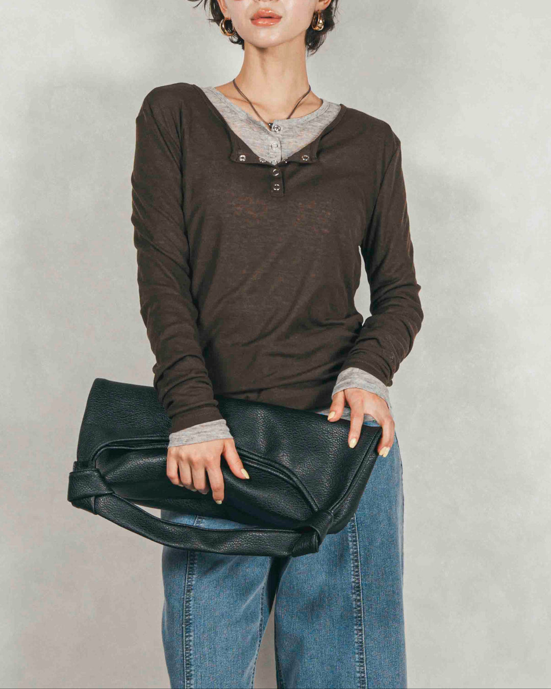 Sheerリブヘンリーネックトップス (BROWN)