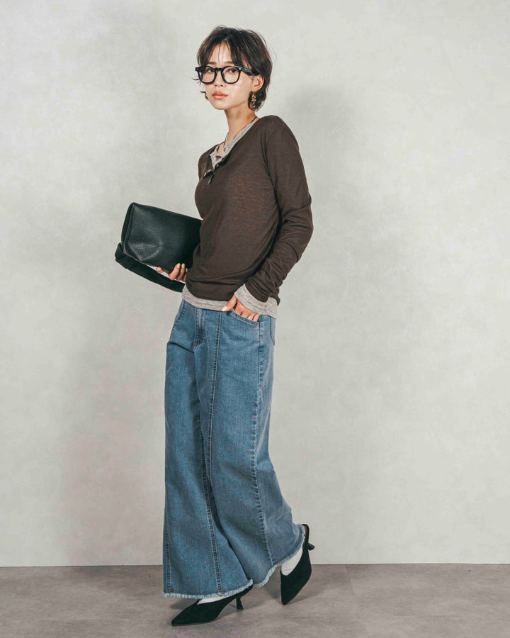 ［SET］Sheerリブヘンリーネックトップス+センターシーム リラックスカラーデニム（2SET）