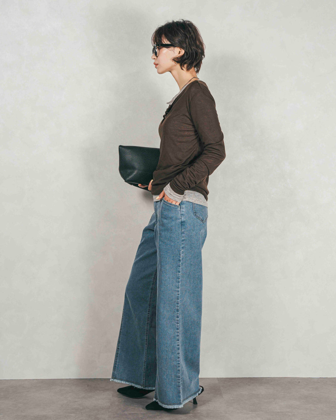 ［SET］Sheerリブヘンリーネックトップス+センターシーム リラックスカラーデニム（2SET）