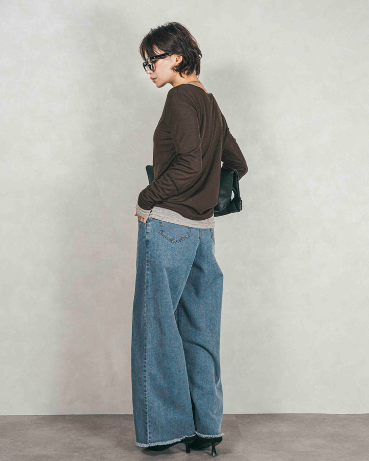 Sheerリブヘンリーネックトップス (BROWN)