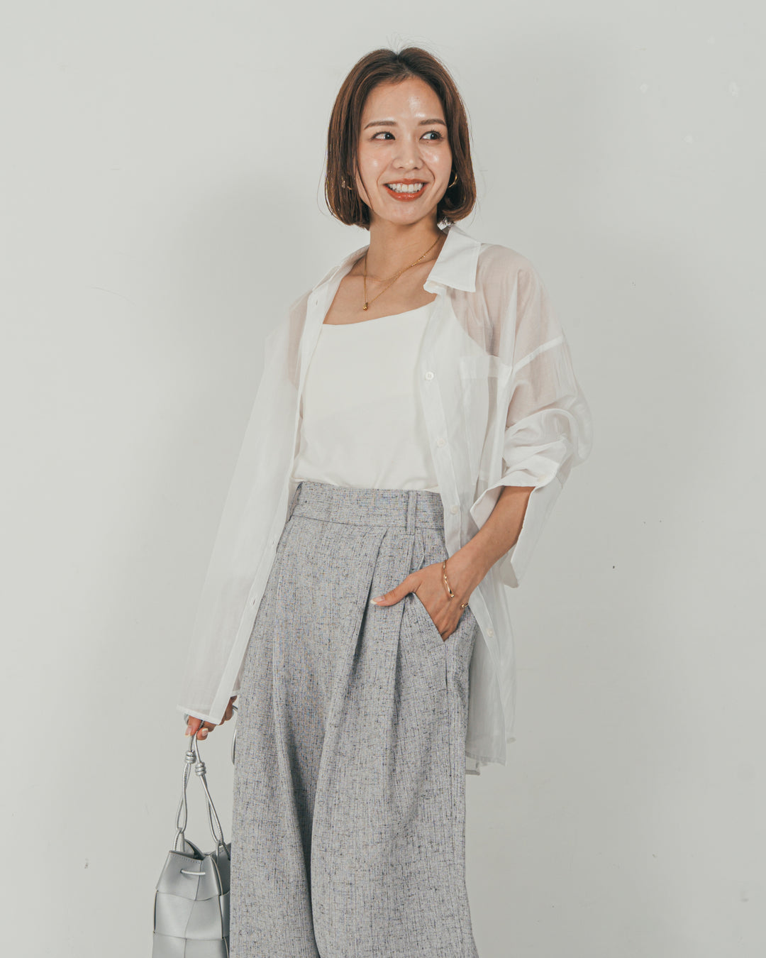 ［SET］Clear Sheer オーバーシャツ + Tweedダブルタックパンツ（2SET）