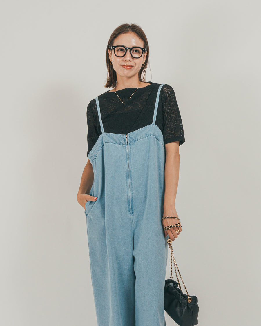 ［SET］接触冷感 10ozデニムオールインワン + カットレース ドレープTee（2SET）