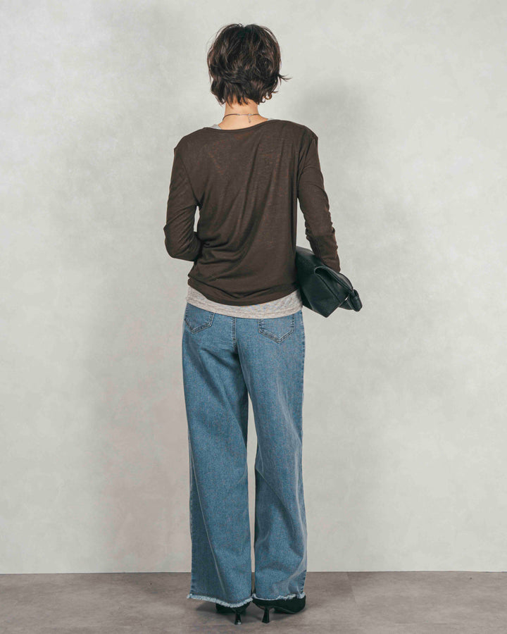 ［SET］Sheerリブヘンリーネックトップス+センターシーム リラックスカラーデニム（2SET）