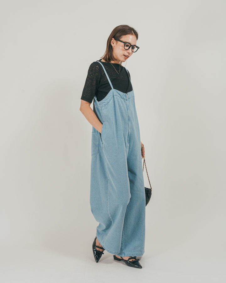 ［SET］接触冷感 10ozデニムオールインワン + カットレース ドレープTee（2SET）