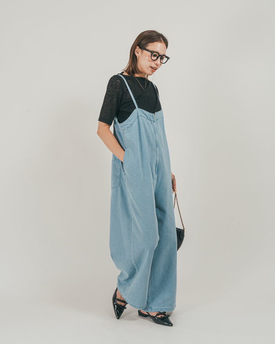 ［SET］接触冷感 10ozデニムオールインワン + カットレース ドレープTee（2SET）