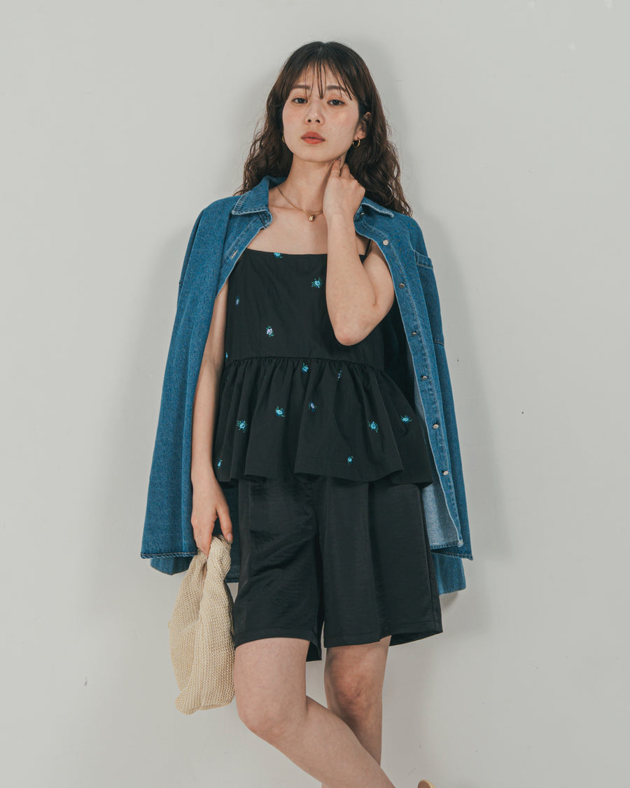 ［SET］Flower刺繍　ボリュームキャミ + Vintageサテン　ハーフパンツ（2SET）