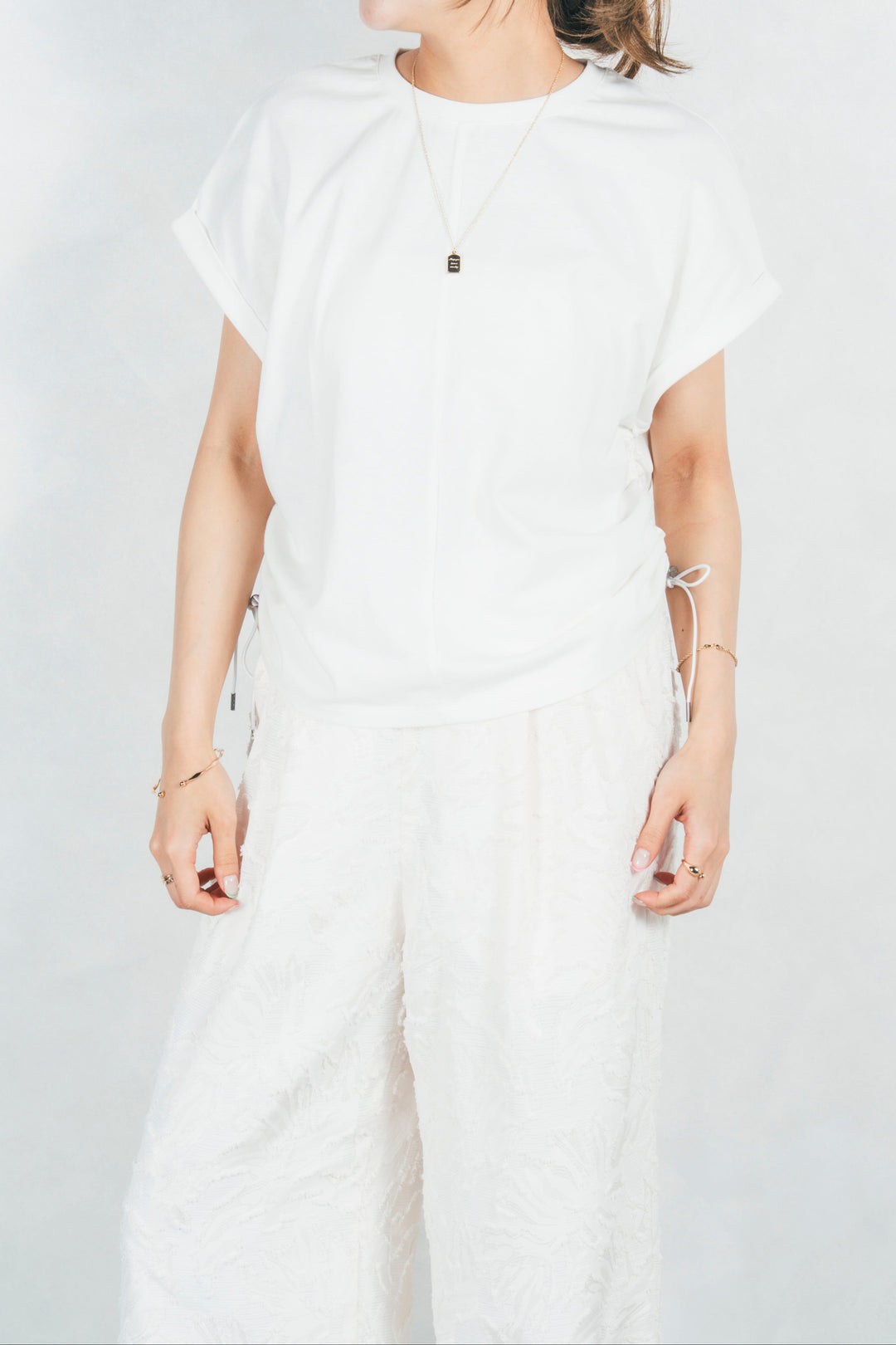 ［予約］［汗ガード］USAコットンサイドギャザーT (WHITE)