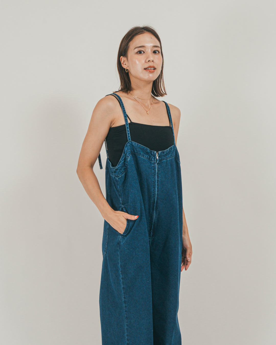 ［SET］接触冷感 10ozデニムオールインワン + 【接触冷感・UVカット・防臭】カップ付きリブキャミ（2SET）