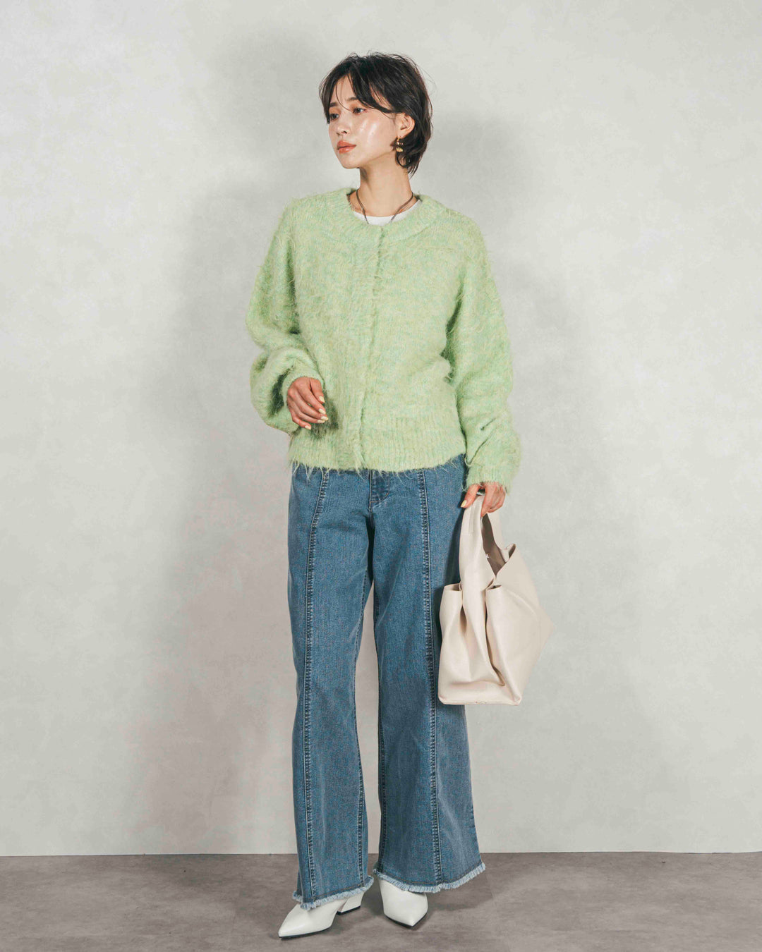 ［SET］ミックスヤーン2WAYカーディガン+センターシーム リラックスカラーデニム