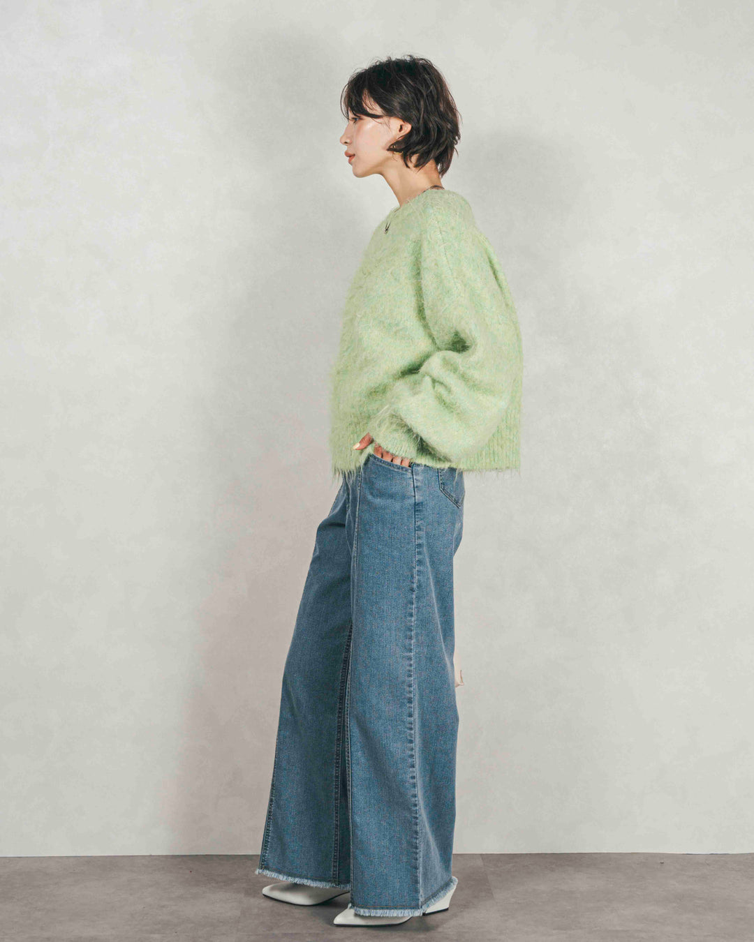 ［SET］ミックスヤーン2WAYカーディガン+センターシーム リラックスカラーデニム