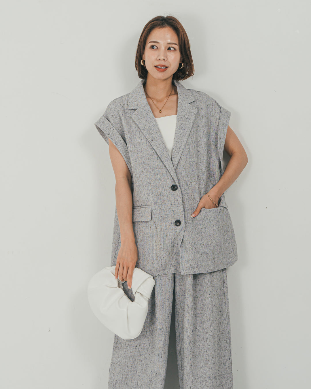 ［SET］Tweedノースリティアードタンクトップ + Tweedテイラードジレ + Tweedダブルタックパンツ（3SET）