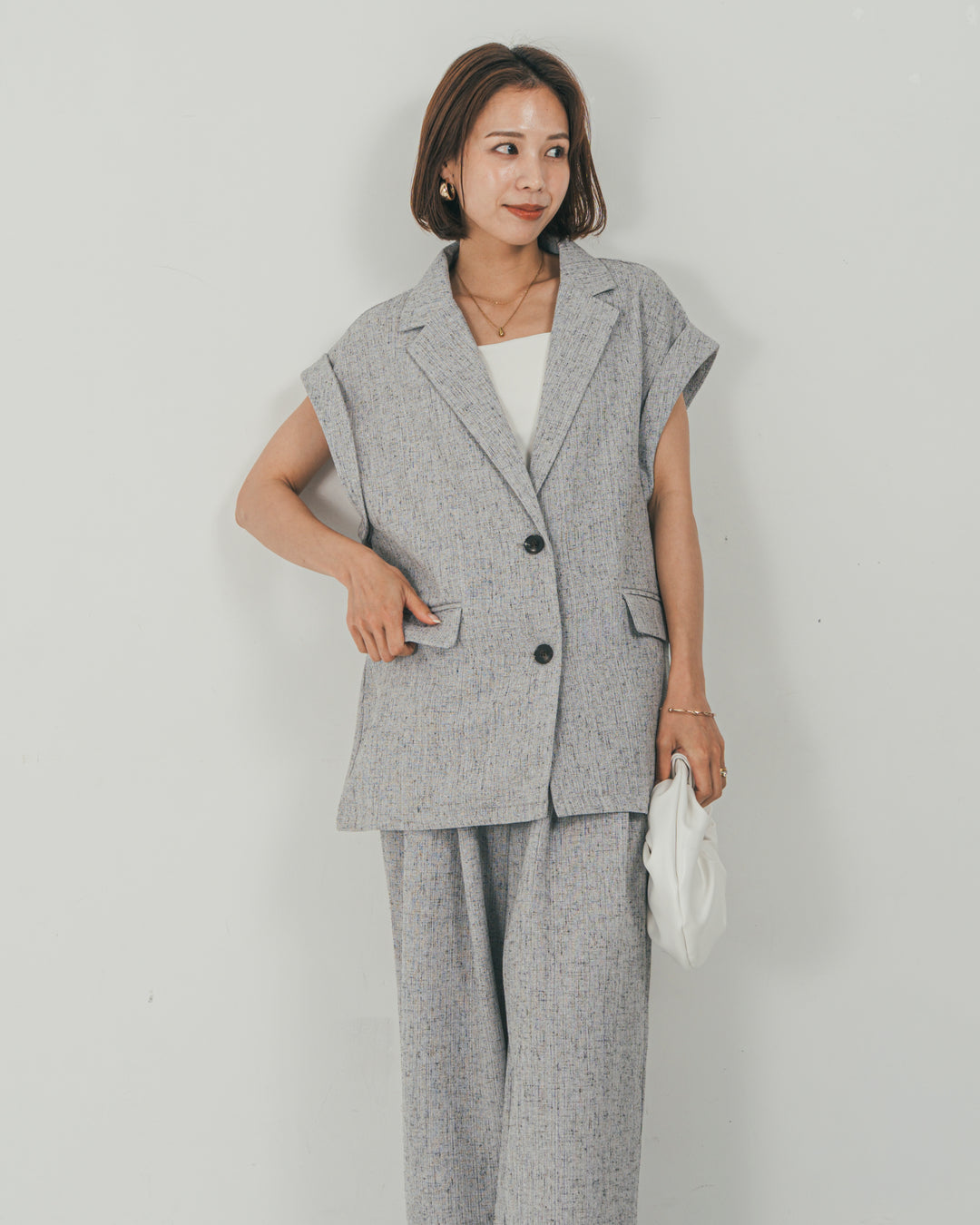 ［SET］Tweedノースリティアードタンクトップ + Tweedテイラードジレ + Tweedダブルタックパンツ（3SET）