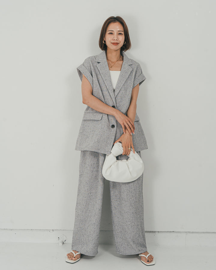 ［SET］Tweedノースリティアードタンクトップ + Tweedテイラードジレ + Tweedダブルタックパンツ（3SET）