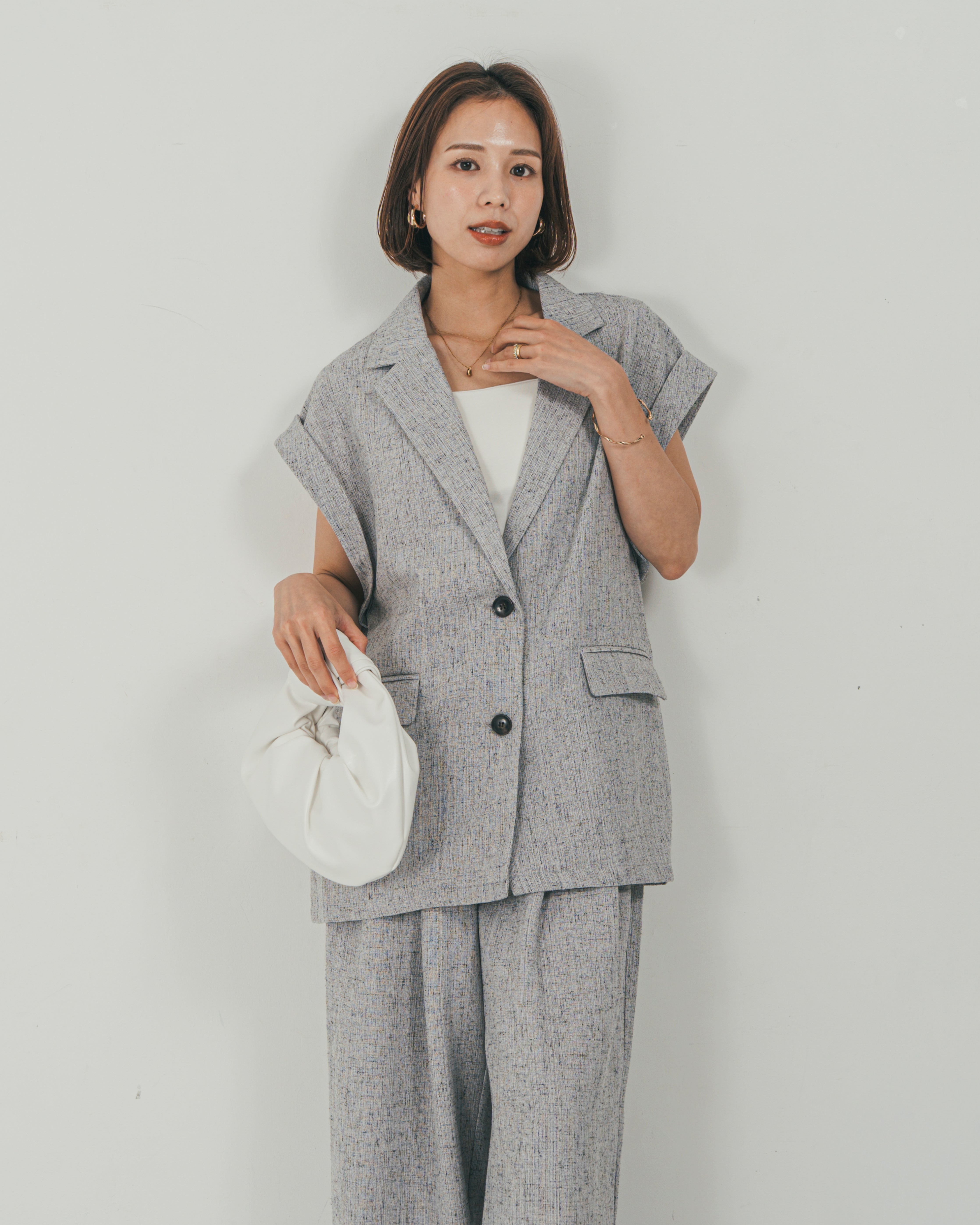 美品　sugar by yuu Tweed gilet white グレー SET］Tweedテイラードジレ + Tweedダブルタックパンツ（2SET） – KaLae