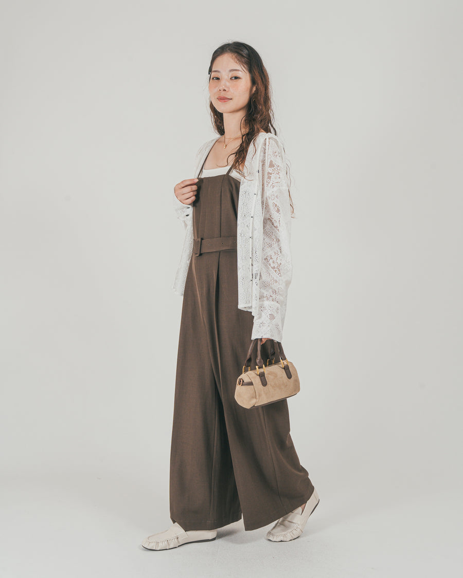 ［SET］ウエストベルト付 Twillキャミサロペ + Blockレース　フーディーブラウス（2SET）