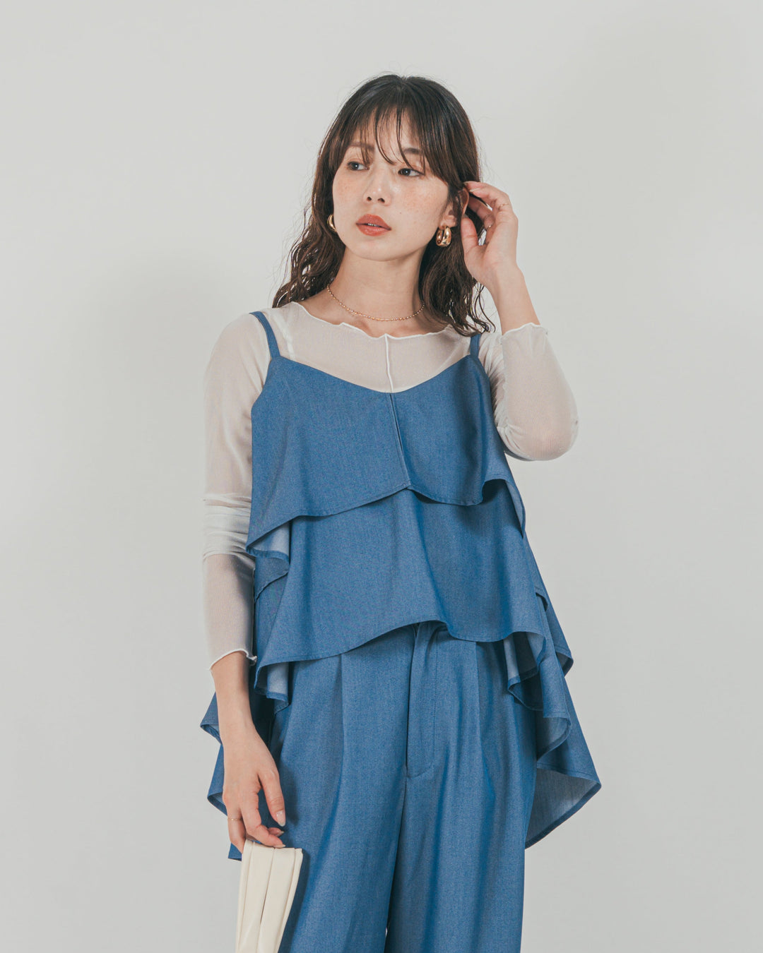 ［SET］デニムライク　ティアードキャミ + デニムライク　タックパンツ（2SET）