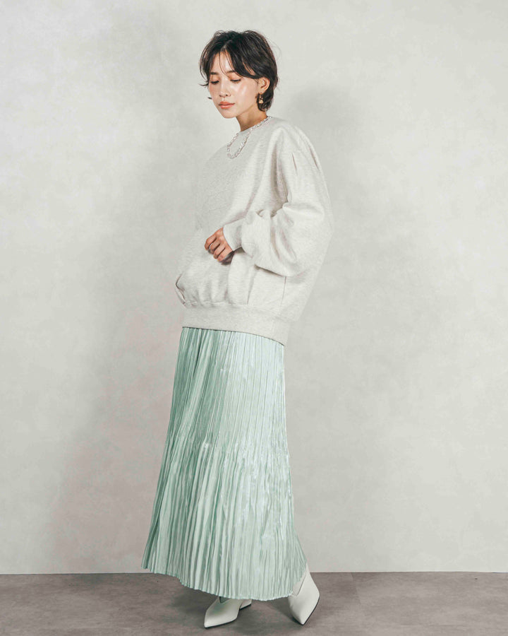 ［SET］裏起毛フロッキーLogoスウェット+シャイニーサテンプリーツスカート（2SET）