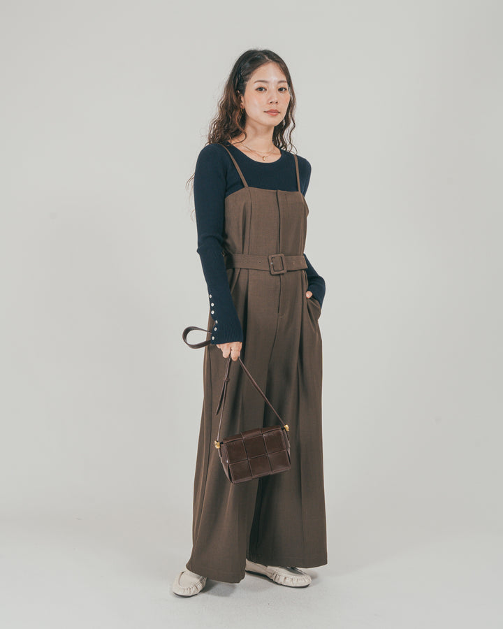 ［SET］ウエストベルト付 Twillキャミサロペ + Sleeveボタン クルーネックニット（2SET）