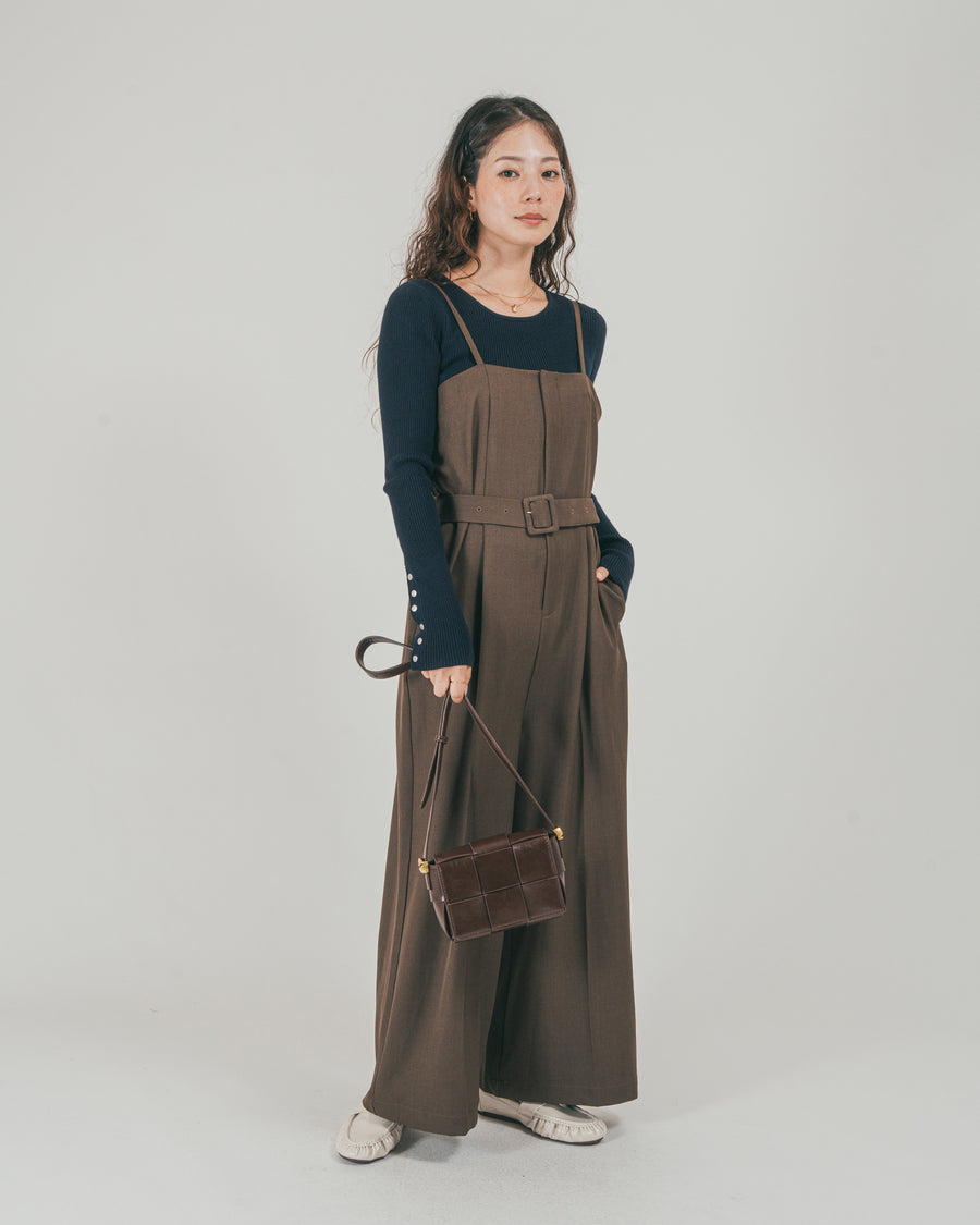 ［SET］ウエストベルト付 Twillキャミサロペ + Sleeveボタン クルーネックニット（2SET）