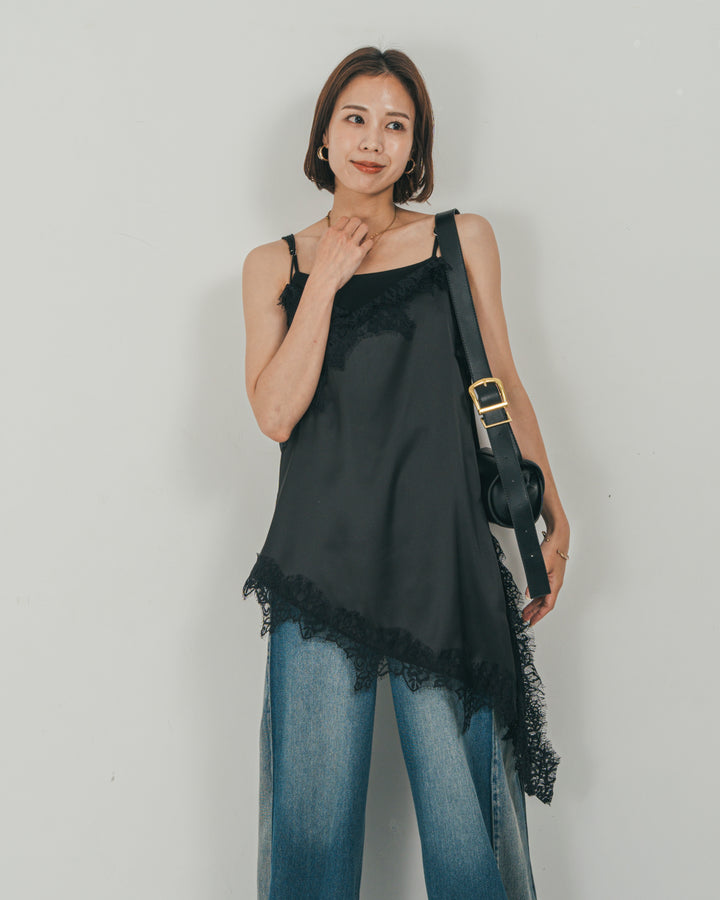 ［SET］サテンアシメ レースキャミ + 10oz サイドタック リラックスデニムパンツ（2SET）