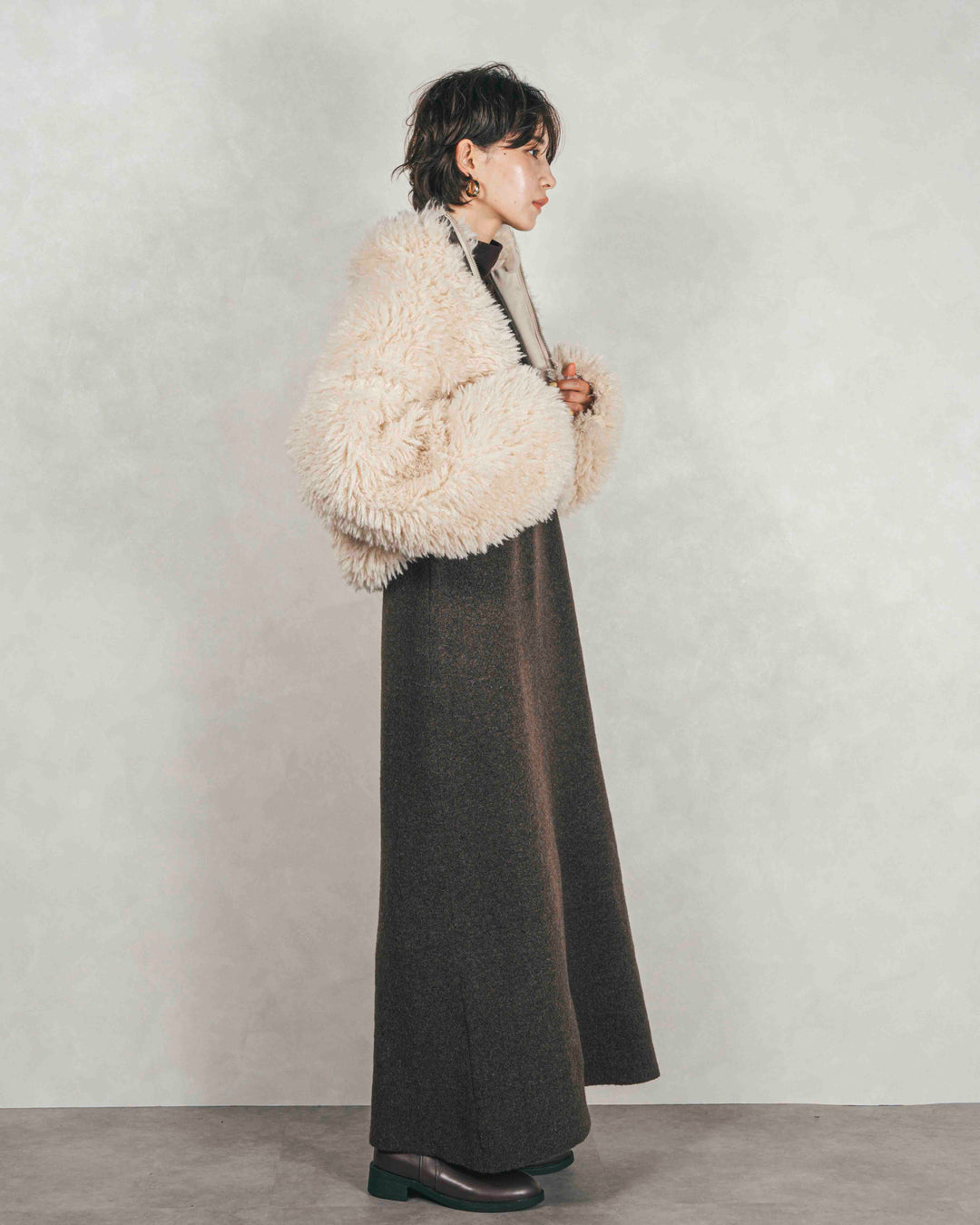 ［SET］プードルボアZipショートコート+メランジKnitロングワンピース（2SET）