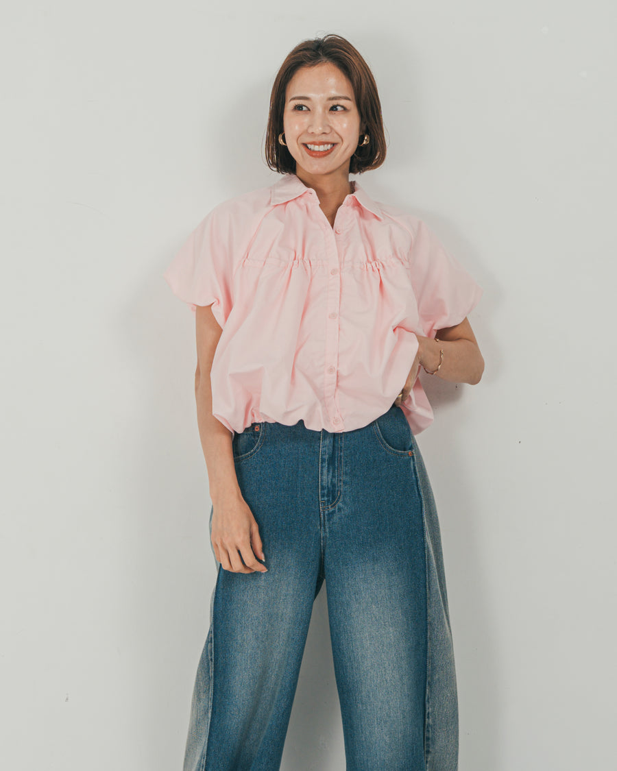 ［SET］バルーンShirringハーフスリーブシャツ + 10oz サイドタック リラックスデニムパンツ（2SET）