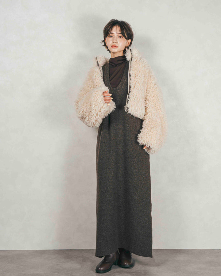 ［SET］プードルボアZipショートコート+メランジKnitロングワンピース（2SET）