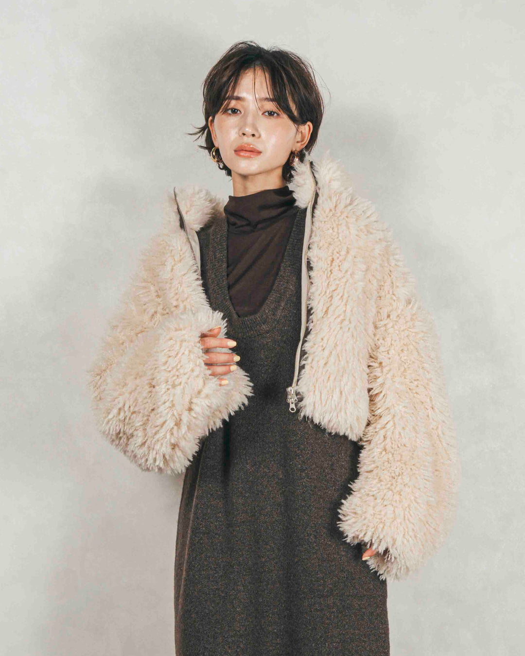 ［SET］プードルボアZipショートコート+メランジKnitロングワンピース（2SET）