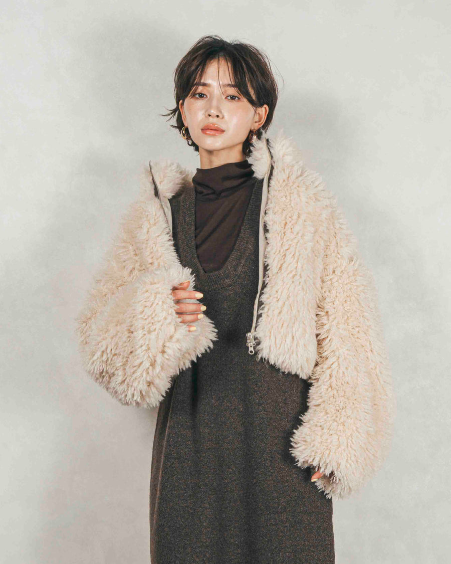 ［SET］プードルボアZipショートコート+メランジKnitロングワンピース（2SET）
