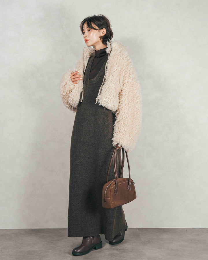 ［SET］プードルボアZipショートコート+メランジKnitロングワンピース（2SET）