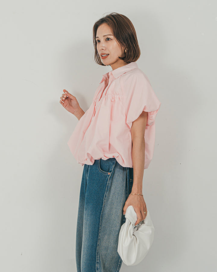 ［SET］バルーンShirringハーフスリーブシャツ + 10oz サイドタック リラックスデニムパンツ（2SET）