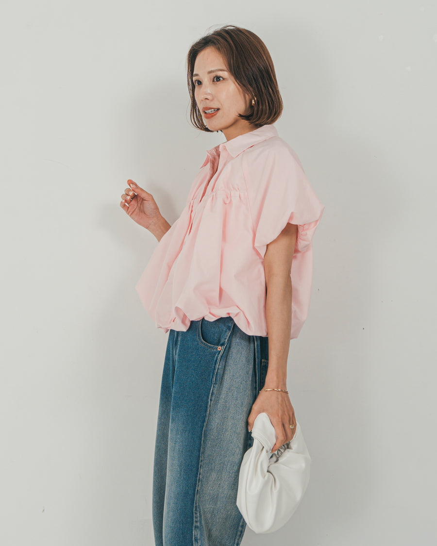 ［SET］バルーンShirringハーフスリーブシャツ + 10oz サイドタック リラックスデニムパンツ（2SET）