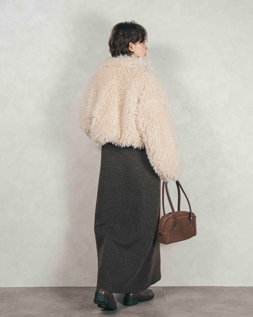 ［SET］プードルボアZipショートコート+メランジKnitロングワンピース（2SET）