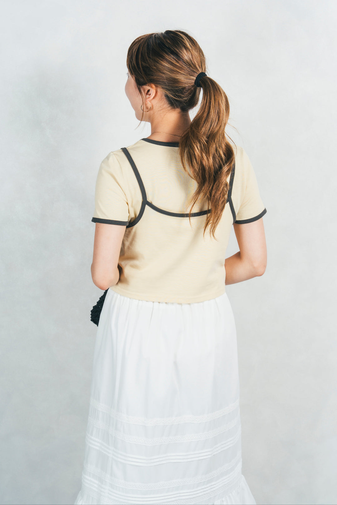 ［SET］キャミ付きリンガーTシャツ+T/C ティアードスカート（2SET）