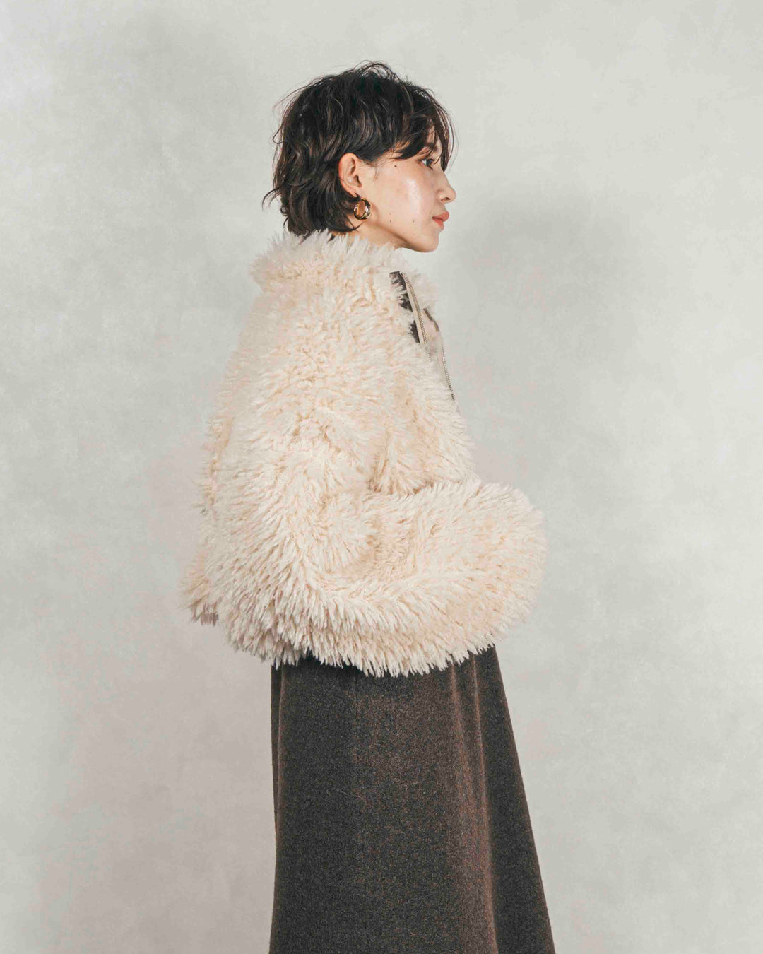 ［SET］プードルボアZipショートコート+メランジKnitロングワンピース（2SET）