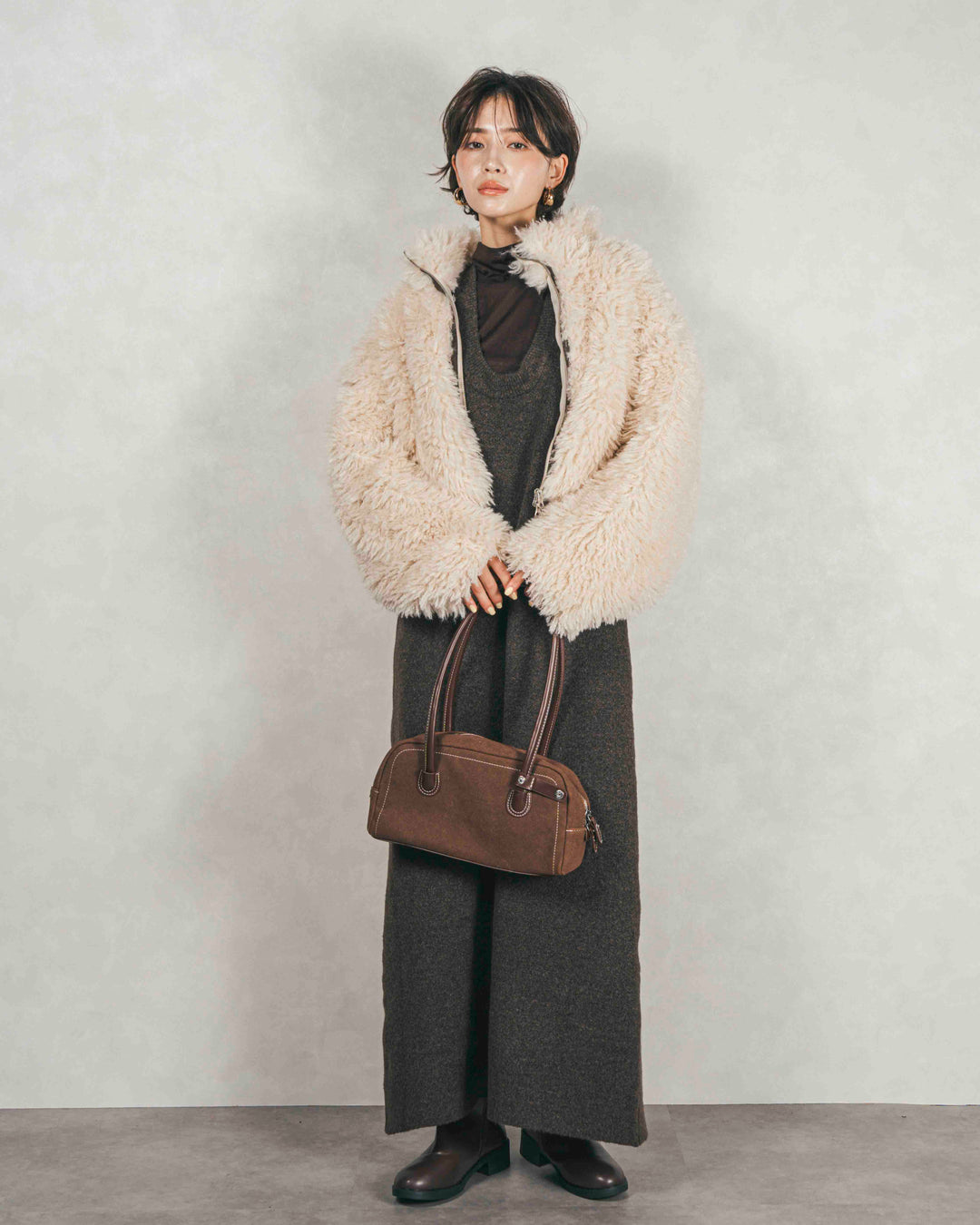 ［SET］プードルボアZipショートコート+メランジKnitロングワンピース（2SET）