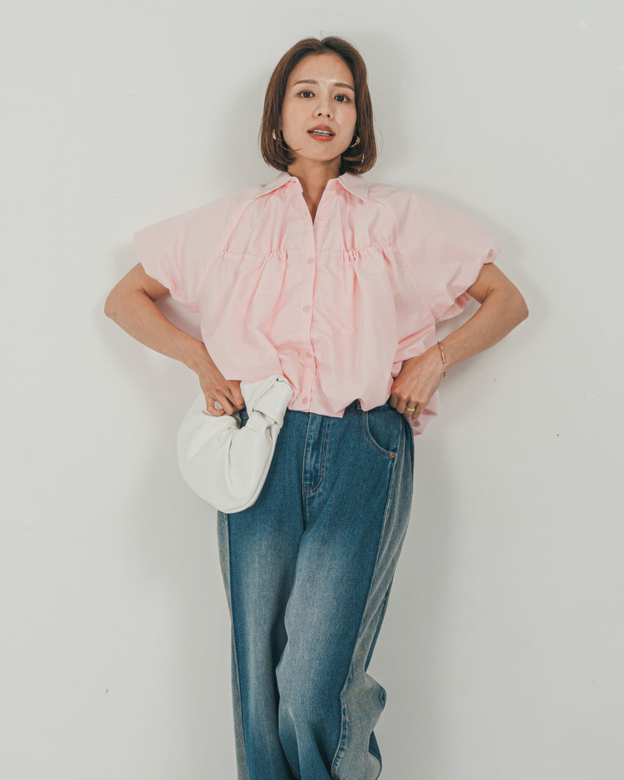 ［SET］バルーンShirringハーフスリーブシャツ + 10oz サイドタック リラックスデニムパンツ（2SET）