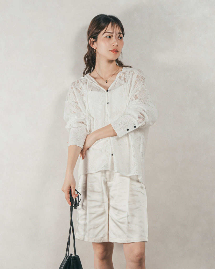 ［SET］Blockレース　フーディーブラウス +Vintageサテン　ハーフパンツ + 10oz ニュアンスバイカラー リラックスワイドデニム（3SET）