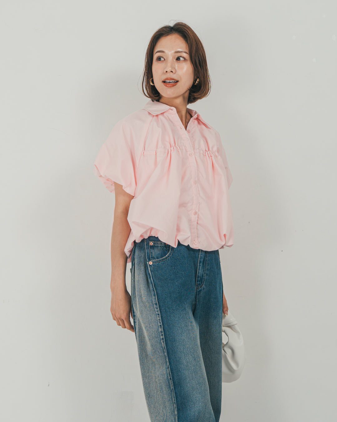 ［SET］バルーンShirringハーフスリーブシャツ + 10oz サイドタック リラックスデニムパンツ（2SET）