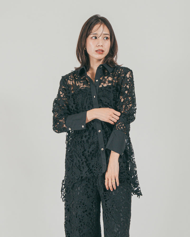 ［SET］コントラストレース デザインシャツ + セミワイドレースパンツ（2SET）