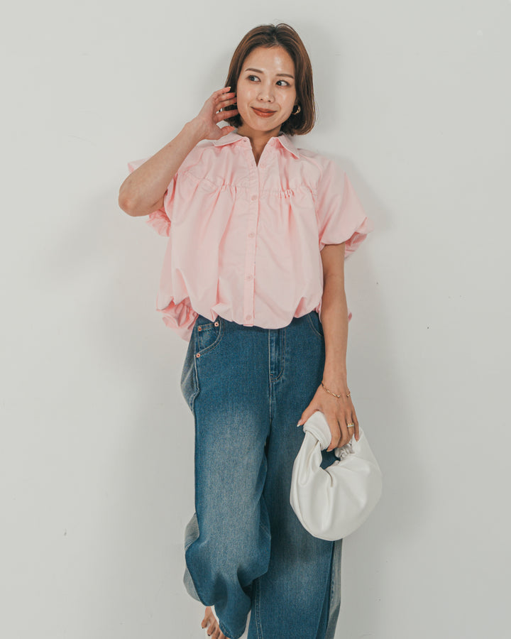 ［SET］バルーンShirringハーフスリーブシャツ + 10oz サイドタック リラックスデニムパンツ（2SET）