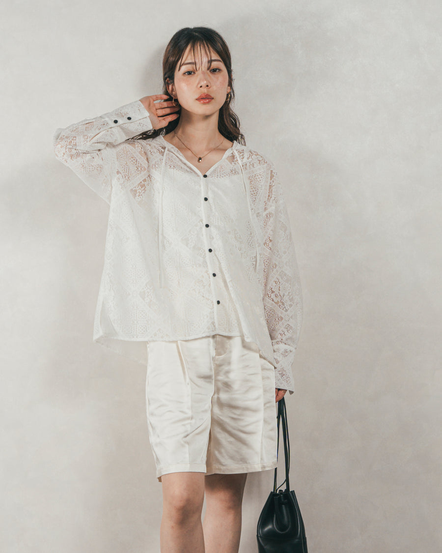 ［SET］Blockレース　フーディーブラウス +Vintageサテン　ハーフパンツ + 10oz ニュアンスバイカラー リラックスワイドデニム（3SET）