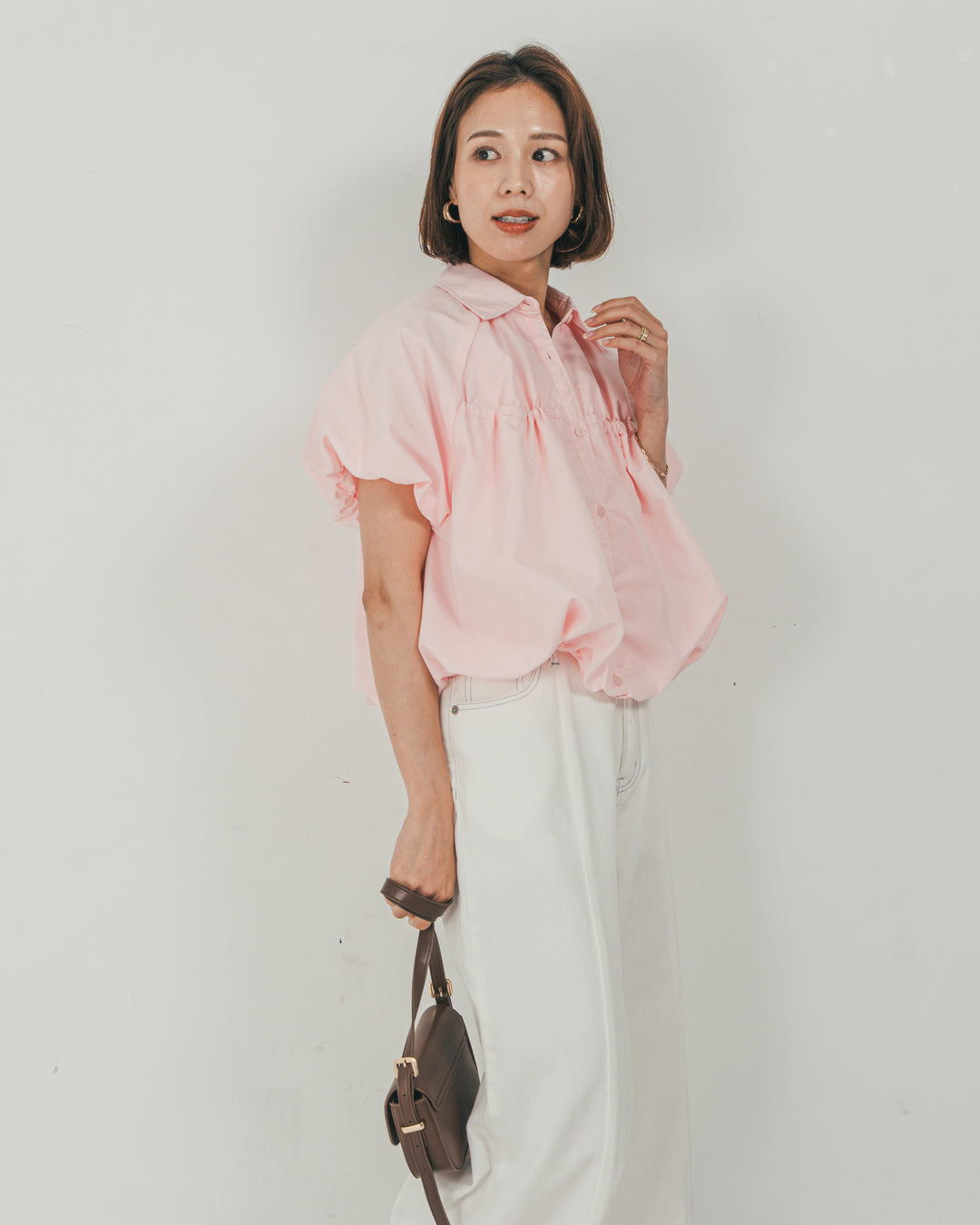 ［SET］バルーンShirringハーフスリーブシャツ + 10oz ニュアンスバイカラー リラックスワイドデニム（2SET）