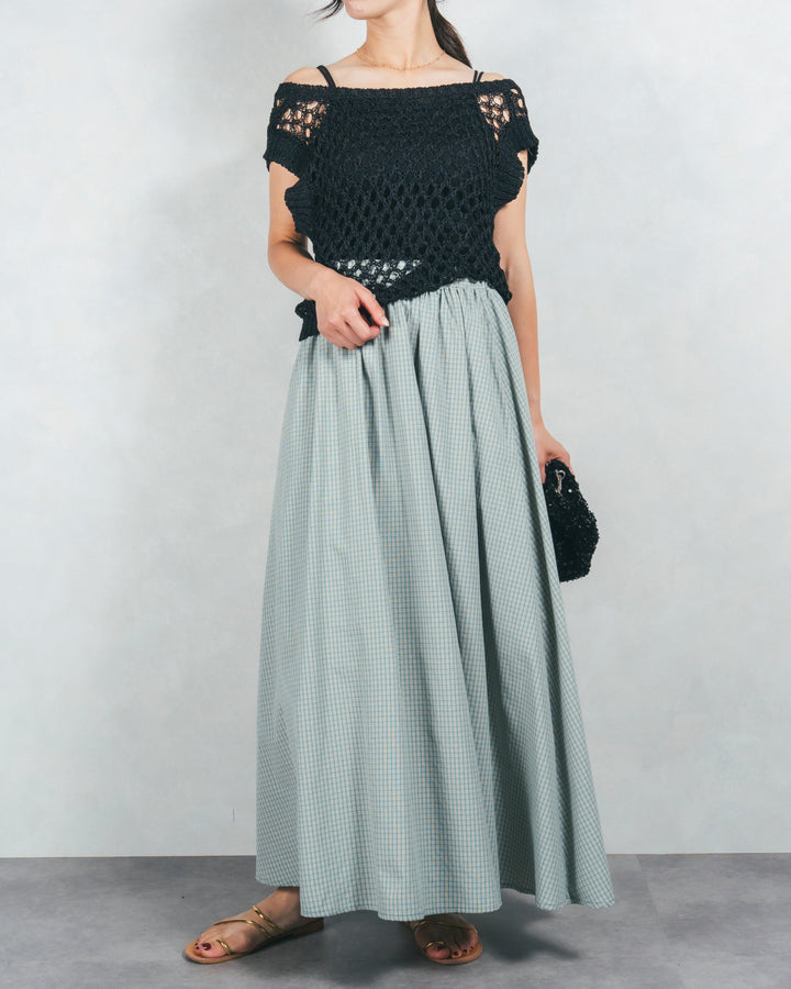 ［SET］2-Way Uネックメッシュニットベスト+［カップ付き］ヘルシーフィットリブキャミ+チェックギャザーマキシスカート（3SET）