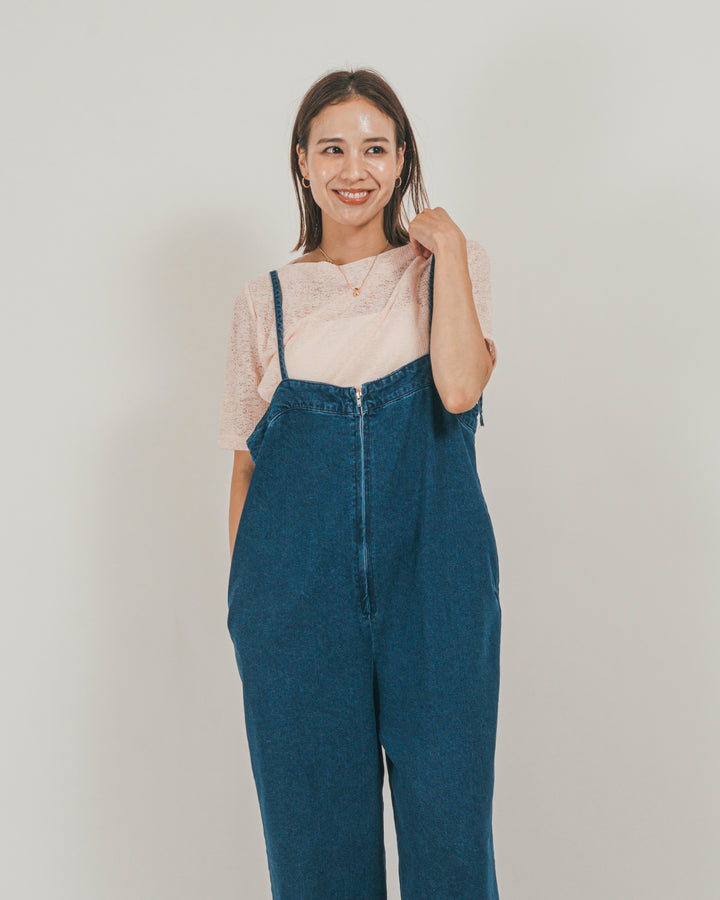 ［SET］接触冷感 10ozデニムオールインワン + カットレース ドレープTee（2SET）