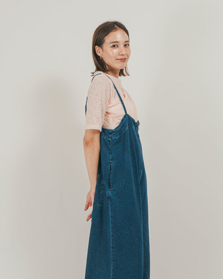 ［SET］接触冷感 10ozデニムオールインワン + カットレース ドレープTee（2SET）