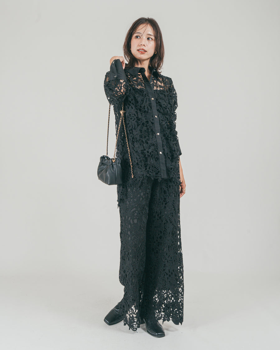 ［SET］コントラストレース デザインシャツ + セミワイドレースパンツ（2SET）