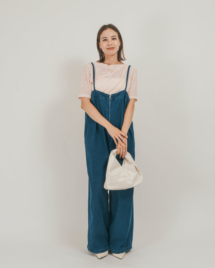 ［SET］接触冷感 10ozデニムオールインワン + カットレース ドレープTee（2SET）