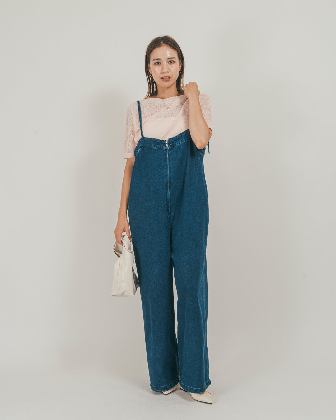 ［SET］接触冷感 10ozデニムオールインワン + カットレース ドレープTee（2SET）