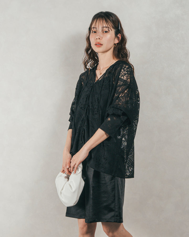 ［SET］Blockレース　フーディーブラウス + Vintageサテンハーフパンツ（2SET）